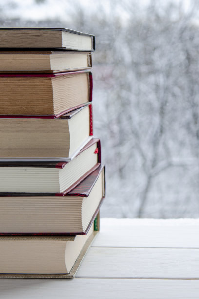白色的木书架上放着许多彩色的书，背景是冬天的森林图片下载
