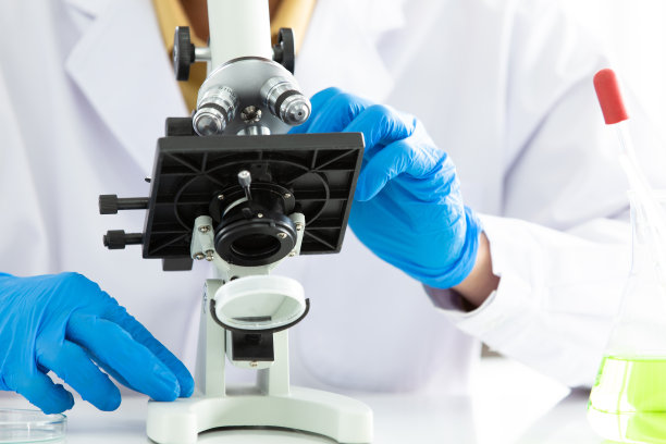 高级科学家或化学家使用显微镜进行微生物分析，进行化学研究和医学。一个拿着显微镜载玻片坐在实验室显微镜下的人。素材图片