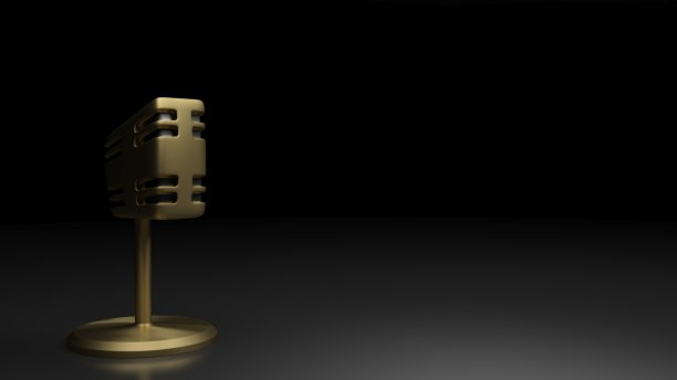 老式缎面金属黄铜麦克风上的黑色背景- 3D渲染插图图片下载
