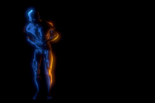 腹痛，压力，失眠，宿醉的病人。他抱着他的肚子。3D插图孤立在黑色背景。宽镜头与copyspace图片下载