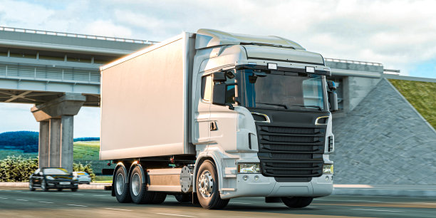 白色卡车的正面视图，冰箱上的空白沿路线行驶。3d渲染图片下载