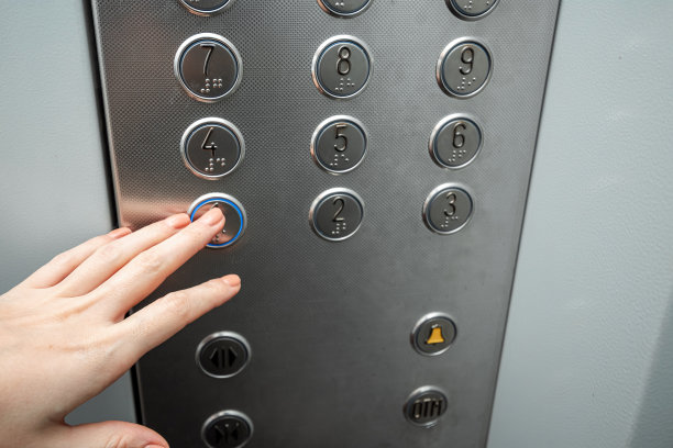 女性的手，手指按电梯按钮。攀登职业阶梯。图片下载