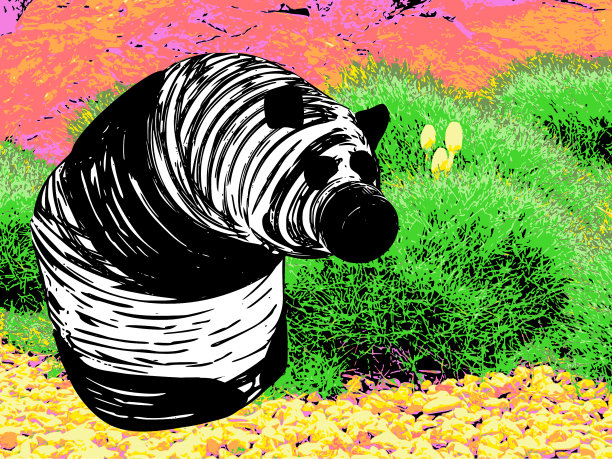 PET Panda - Giant Panda Bear Mixed with a Plastic Water Bottle等距视图剪影黑在白与霓虹草背景-完全可移动矢量- Ailuropoda Melanoleuca /一次性饮水容器混合剪影纹理背景图片下载