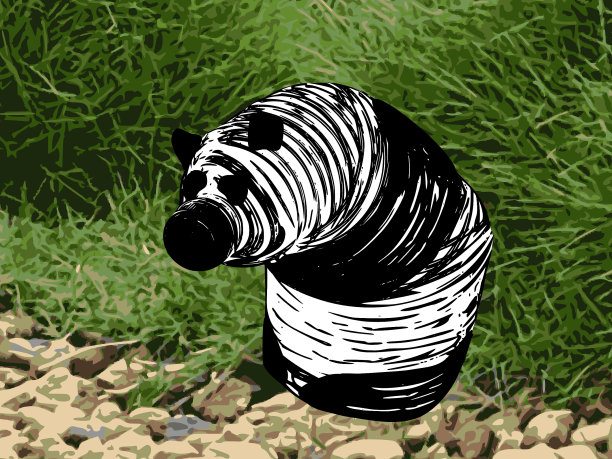 PET Panda - Giant Panda Bear Mixed with a Plastic Water Bottle等距视图剪影黑上白与天然草背景-全可移动矢量- Ailuropoda Melanoleuca /一次性饮水容器混合剪影纹理图片下载