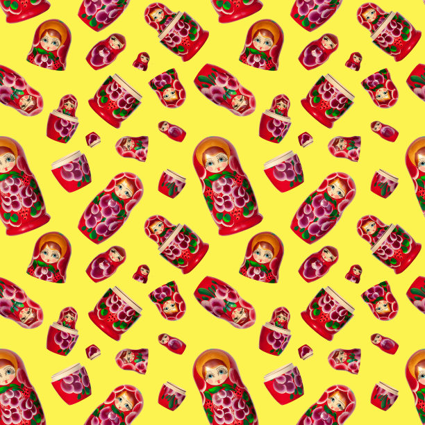 无缝图案的俄罗斯套娃在黄色背景孤立，红色的俄罗斯套娃装饰墙纸，美丽的俄罗斯套娃背景，俄罗斯民族艺术纪念品，传统风格的装饰印刷图片下载
