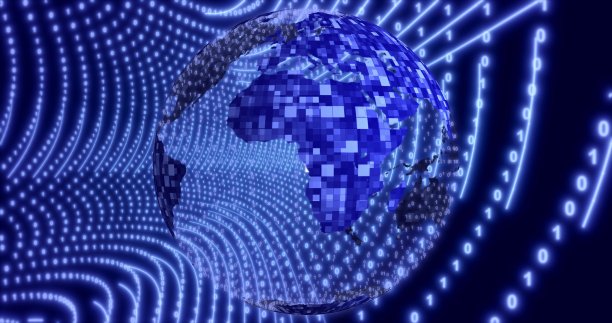 霓虹灯数字二进制背景与旋转的行星地球。网络动画，数字事件。三维演示图片下载