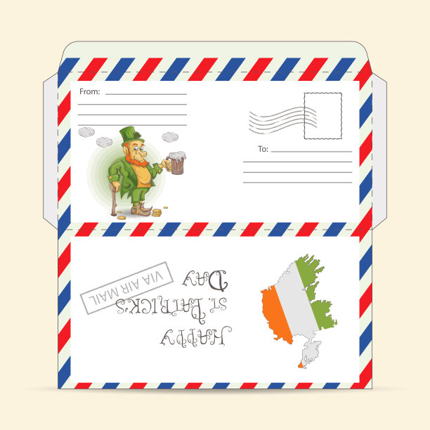为圣帕特里克节设计了一个准备打印的问候信封，它是一个涂鸦风格的，一个拿着一杯爱尔兰啤酒的小精灵图片下载