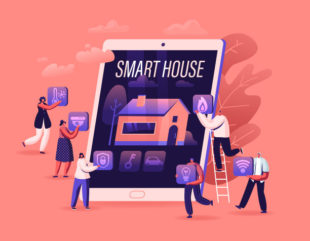 智能住宅应用程序概念。人们在巨大的平板电脑与图像建筑与人工智能技术在屏幕上。物联网应用服务。卡通平面矢量插图图片下载