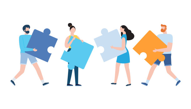 人们连接拼图元素，商业概念。团队的比喻。象征团队合作、合作伙伴关系的矢量插画平面设计风格素材图片