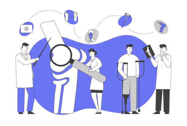 骨科医疗Concilium，保健理念。创伤医师看关节骨折的x光照片与同事讨论病人的治疗卡通平面矢量插图，线条艺术图片下载