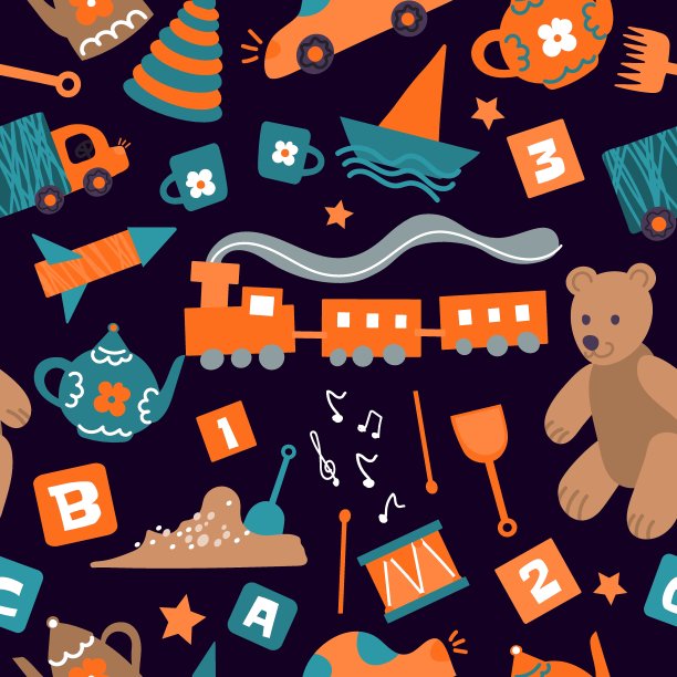 矢量无缝模式与玩具儿童。红色和绿色的儿童项目在深色背景的儿童商店，幼儿园，儿童商品包装，儿童纺织品的男孩图片下载