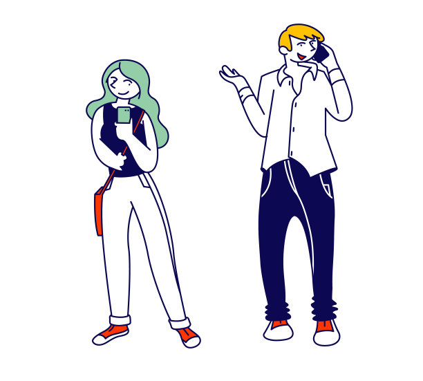 青少年用手机发短信和打电话。青年男子和妇女发送信息给朋友使用细胞学生沉迷于社交网络和电话技术卡通平面矢量插图图片下载