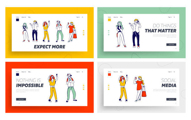 青少年电子产品上瘾网站登陆页面设置。青少年用手机交流，用智能手机发短信和自拍，移动可用性网页横幅。卡通平面矢量插图图片下载