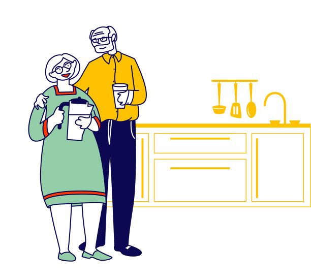 一对幸福的老夫妇站在厨房里，男人拿着杯子，女人拿着陶壶过滤水。退休人员爱的关系与健康的生活方式。卡通平面矢量插图图片下载