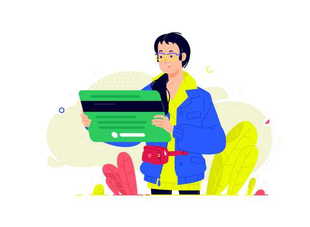 一个女孩与一个扁平风格的银行卡插图。向量。有信用卡的银行客户。投资银行工具。购物者的女孩,购物狂。通过银行转账购买。图片下载