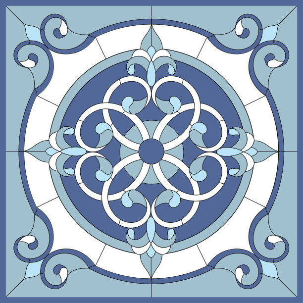 天花板镶板彩色玻璃窗。花，漩涡和叶子在方形框架。向量图片下载