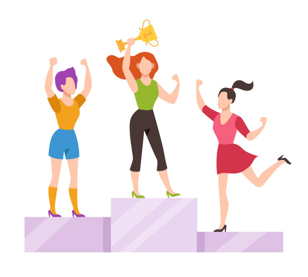 女性登上领奖台。办公室女员工在台座上摆着金杯奖杯，事业成功，事业成长，向量概念图片下载