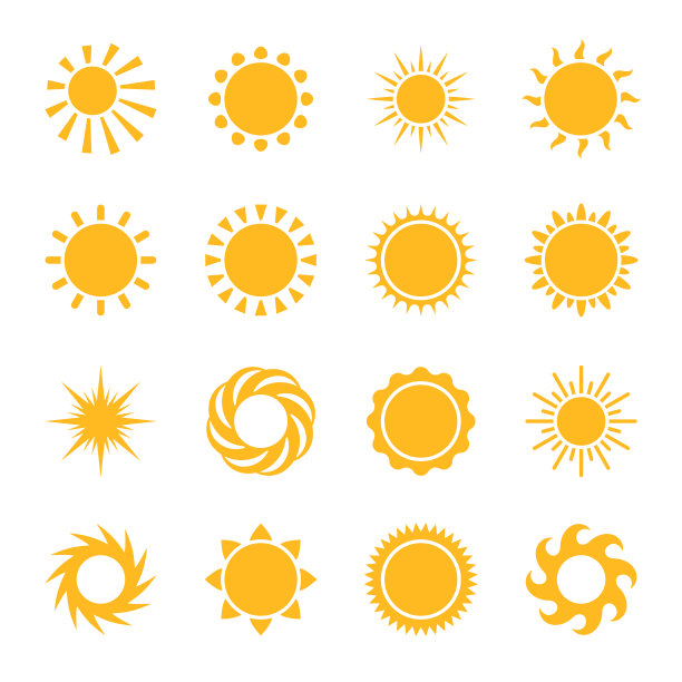 卡通的太阳。黄色星星象形图太阳图标，阳光日落或明亮的早晨，夏季向量集符号图片下载