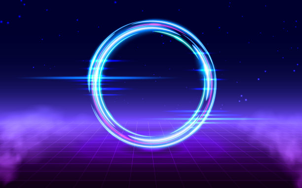 Vaporwave风格。复古的未来主义景观与透视网格和发光的圆圈与雾。背景合成器和蒸汽波风格的电子音乐，海报和墙纸。图片下载