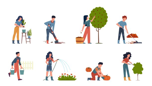 园艺的人。利用设备向量集进行灌溉、采集、种植、育苗、移栽等农艺工作图片下载