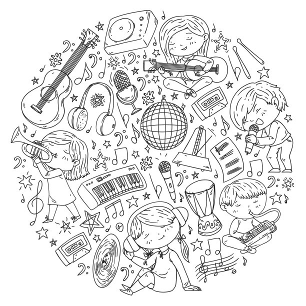 孩子播放音乐。音乐教育，戏剧，学校。图片下载