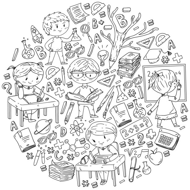 回到学校。矢量图标和元素的孩子，大学。涂鸦风格，儿童绘画图片下载