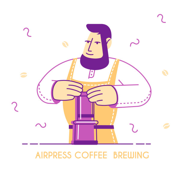 空压咖啡酿造概念。穿着围裙的咖啡师手里拿着新煮的饮料。美味的卡布奇诺浓缩美式咖啡海报横幅传单小册子卡通平面矢量插图，线条艺术图片下载