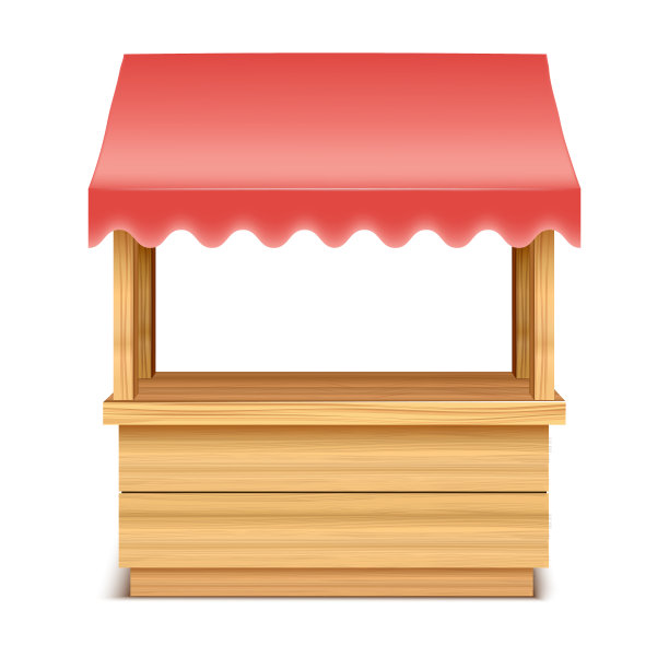 真实详细的3d空木制市场摊位与红色屋顶遮阳篷。向量图片下载