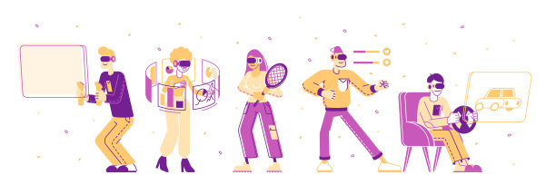 人们使用虚拟现实技术集。男性和女性角色戴着Vr眼镜玩增强现实游戏，工作与数据分析，驾驶卡通平面矢量插图，线艺术图片下载