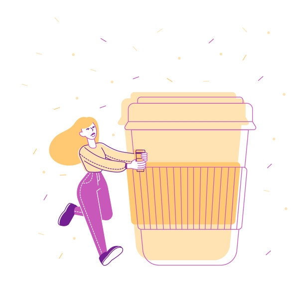 女人拿着塑料咖啡杯与饮料在白色背景。外卖冷热饮料，街头食品休闲，城市居民，办公室生活方式。卡通平面矢量插图，线条艺术图片下载