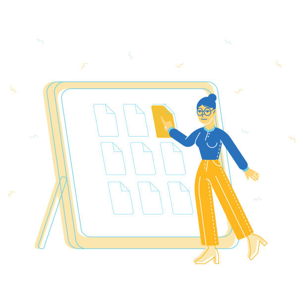 办公室电子文档管理。数字数据文件计算机档案存储系统，目录。商业字符在巨大的平板电脑与文件夹在屏幕上卡通矢量插图，线艺术图片下载