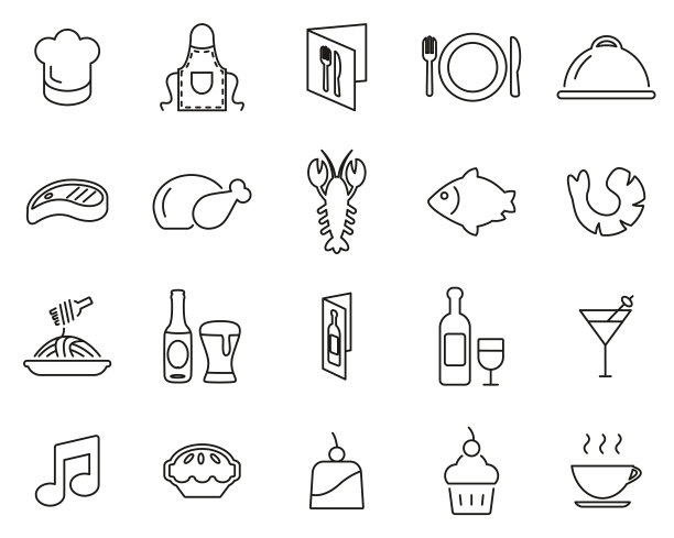 餐厅或晚餐图标黑和白细线设置大图片下载