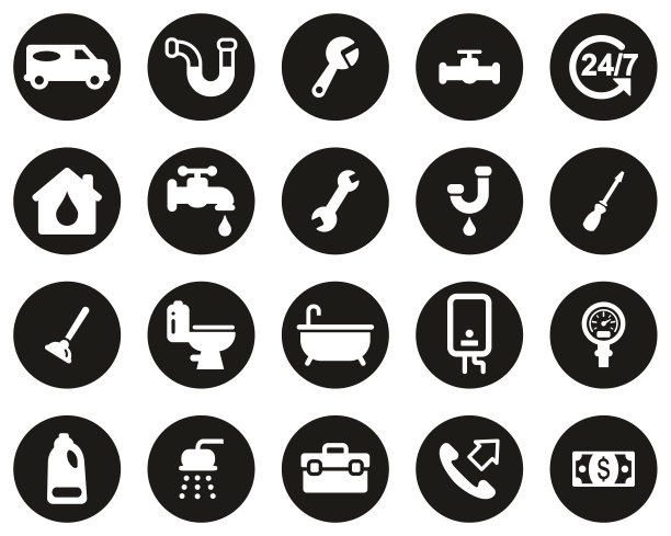 管道服务和设备图标白色在黑色平面设计圈设置大图片下载