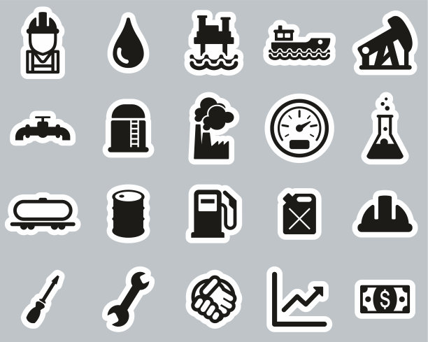 石油行业或海上石油平台图标黑白贴纸设置大图片下载