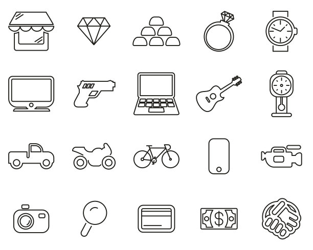 典当行或旧货店图标黑白细线设置大图片下载