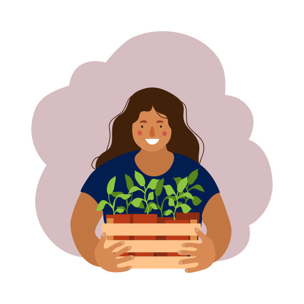 女人拿着一个装着花苗的盒子。孤立的平面卡通插图上的白色图片下载