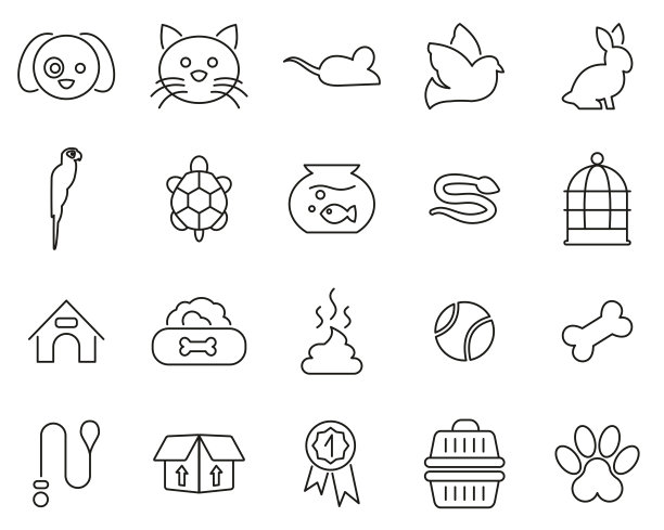 宠物和宠物配件图标黑色和白色细线设置大图片下载