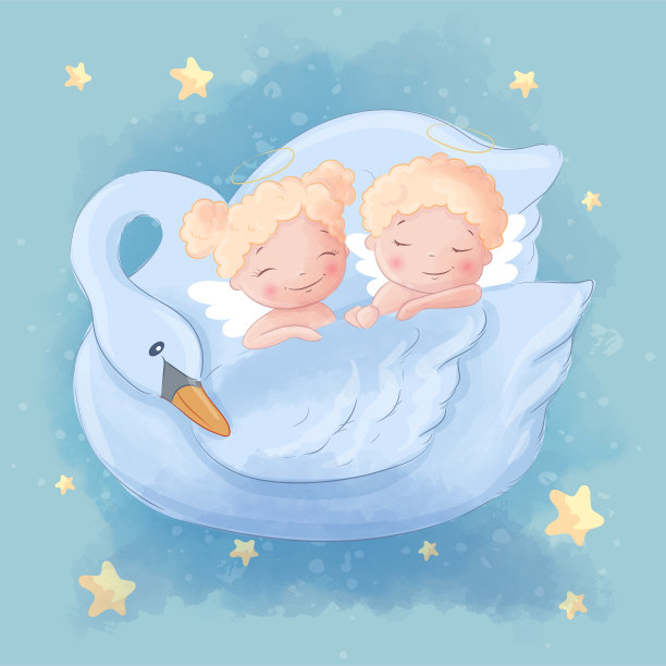 可爱的卡通两个天使男孩和女孩在美丽的天鹅图片下载