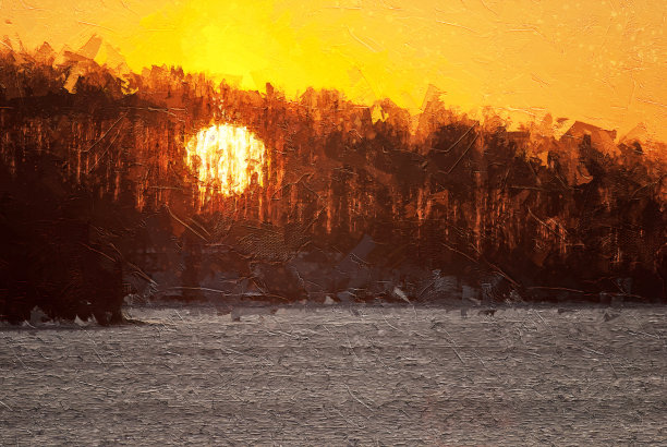印象派艺术作品的日出透过树图片下载