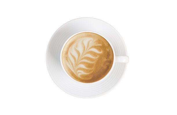 热拿铁咖啡摄影在复古白色咖啡杯设置与拿铁艺术咖啡平铺顶视图孤立在白色背景与剪切路径图片下载