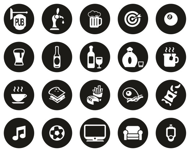 酒吧或酒吧图标白色在黑色平面设计圈设置大图片下载