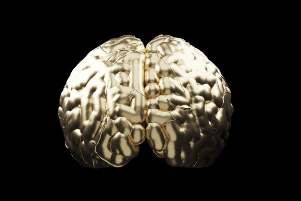 接近金色大脑概念在黑色背景。3 d渲染。图片下载