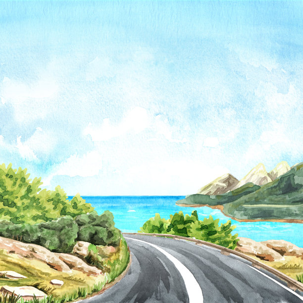 通往海边的海岸公路。旅行的概念。手绘水彩插图和背景。图片下载