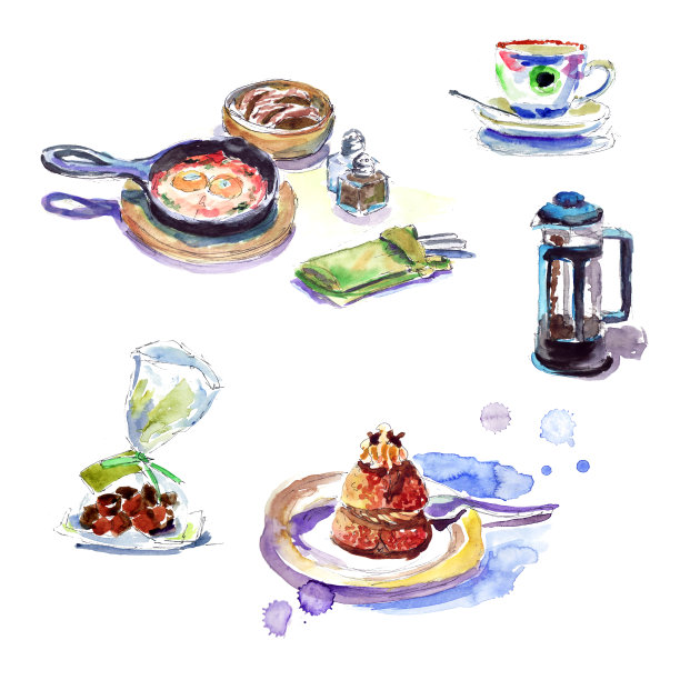 咖啡厅早餐:煎蛋、咖啡、饼干、蛋糕——水彩画图片下载