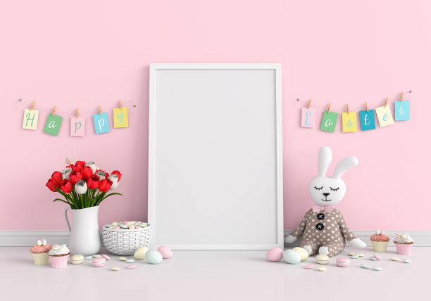 空白相框的地板上的模型，复活节的概念图片下载
