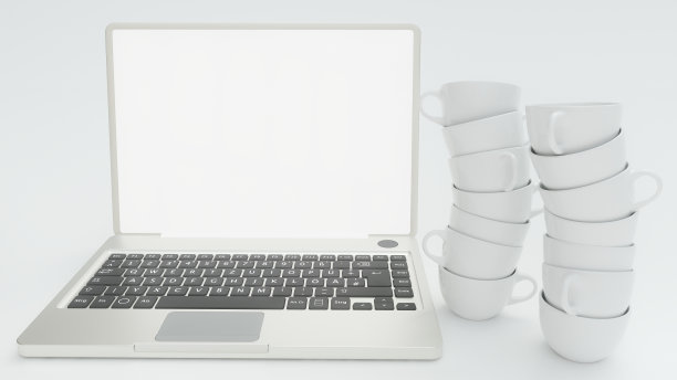 许多空的咖啡杯周围的笔记本电脑- 3D渲染图片下载