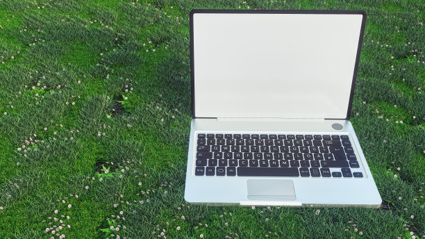 一台笔记本电脑正站在草地上，在绿色的概念中工作——3D渲染图片下载