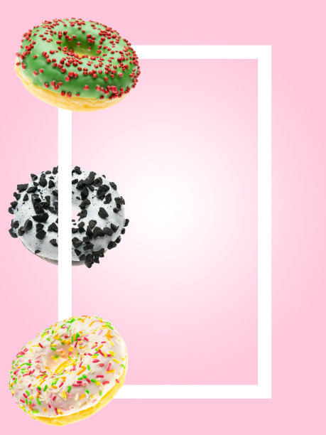 美味的糕点吃早餐。飞行cookie与Frame的文本。圆圆的甜甜圈在粉红色的背景上飞行图片下载