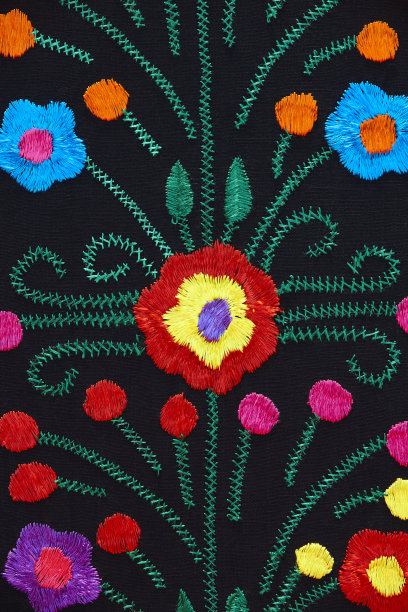 墨西哥传统装饰风格的色彩鲜艳的纺织品与花卉图案图片下载