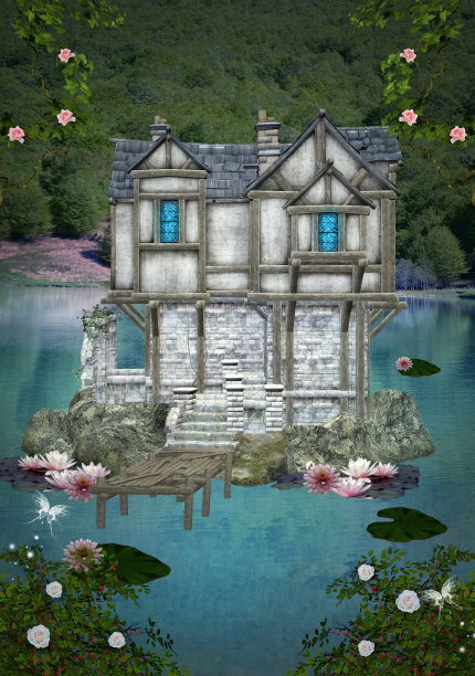 湖边的神秘幻想建筑图片下载